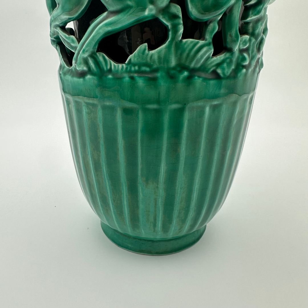 Vase en céramique verte à décor de biches – Signé de sainte radegonde,vers 1970-photo-6