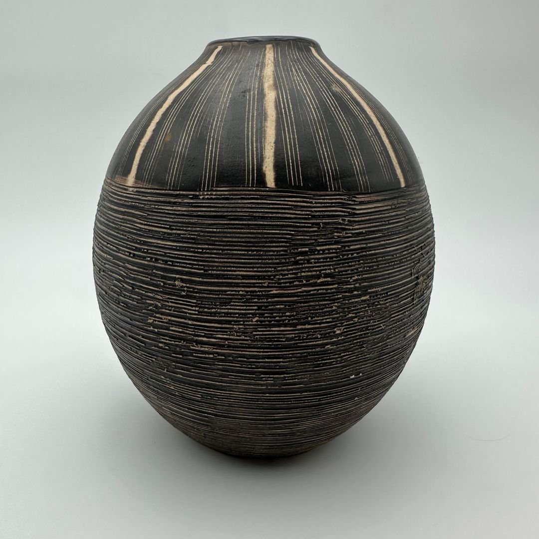 Black And White Monogram Ceramic Vase – In The Style Of Jean Besnard, Circa 1950-photo-2