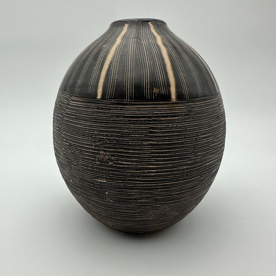 Black And White Monogram Ceramic Vase – In The Style Of Jean Besnard, Circa 1950-photo-3