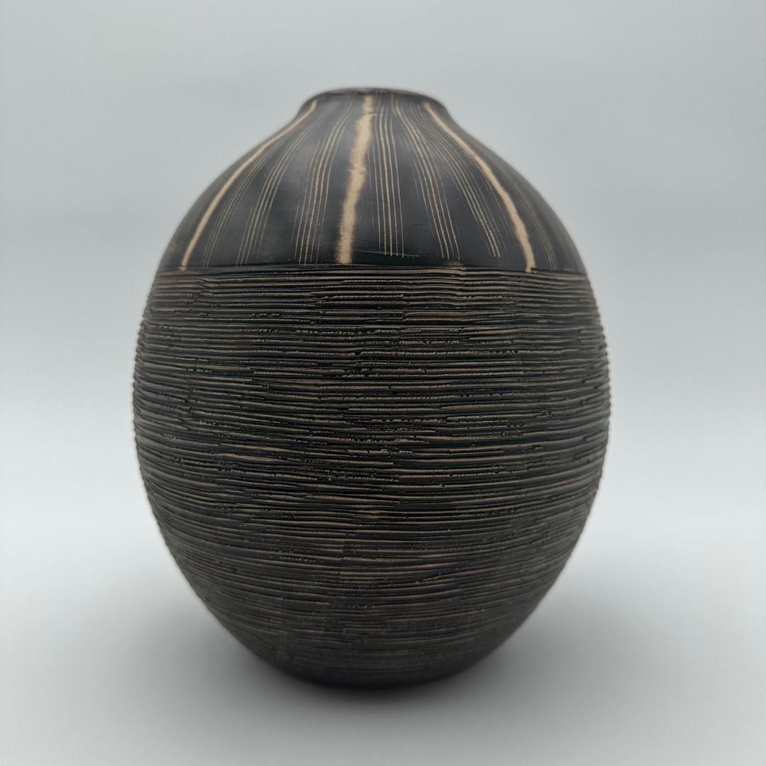 Black And White Monogram Ceramic Vase – In The Style Of Jean Besnard, Circa 1950-photo-4