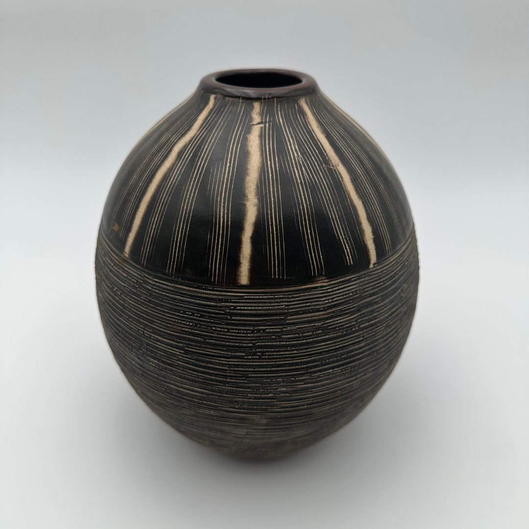 Black And White Monogram Ceramic Vase – In The Style Of Jean Besnard, Circa 1950-photo-4