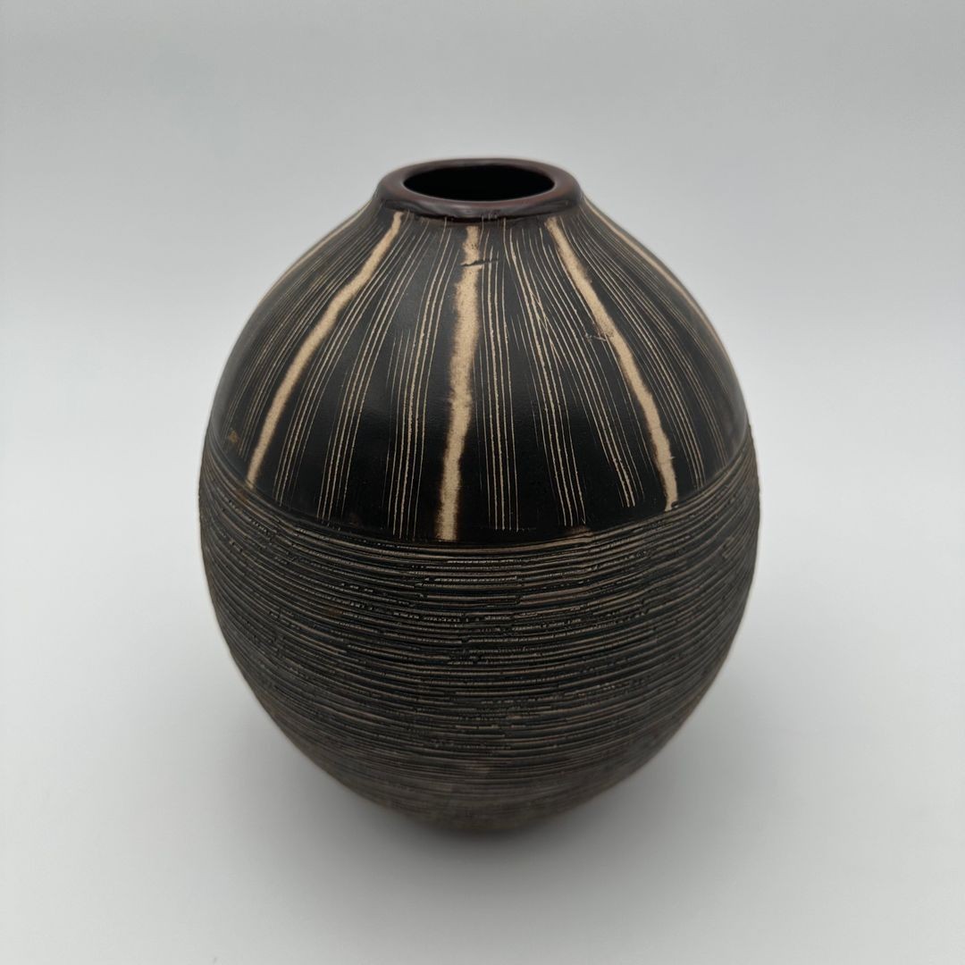 Black And White Monogram Ceramic Vase – In The Style Of Jean Besnard, Circa 1950