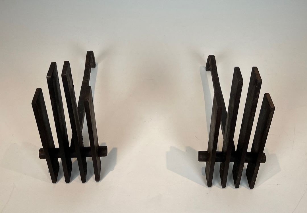 Paire de Chenets Modernistes en Acier-photo-4