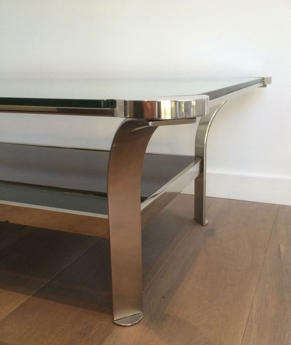 Importante Table Basse Design en Chrome et Plateaux de Verres-photo-5