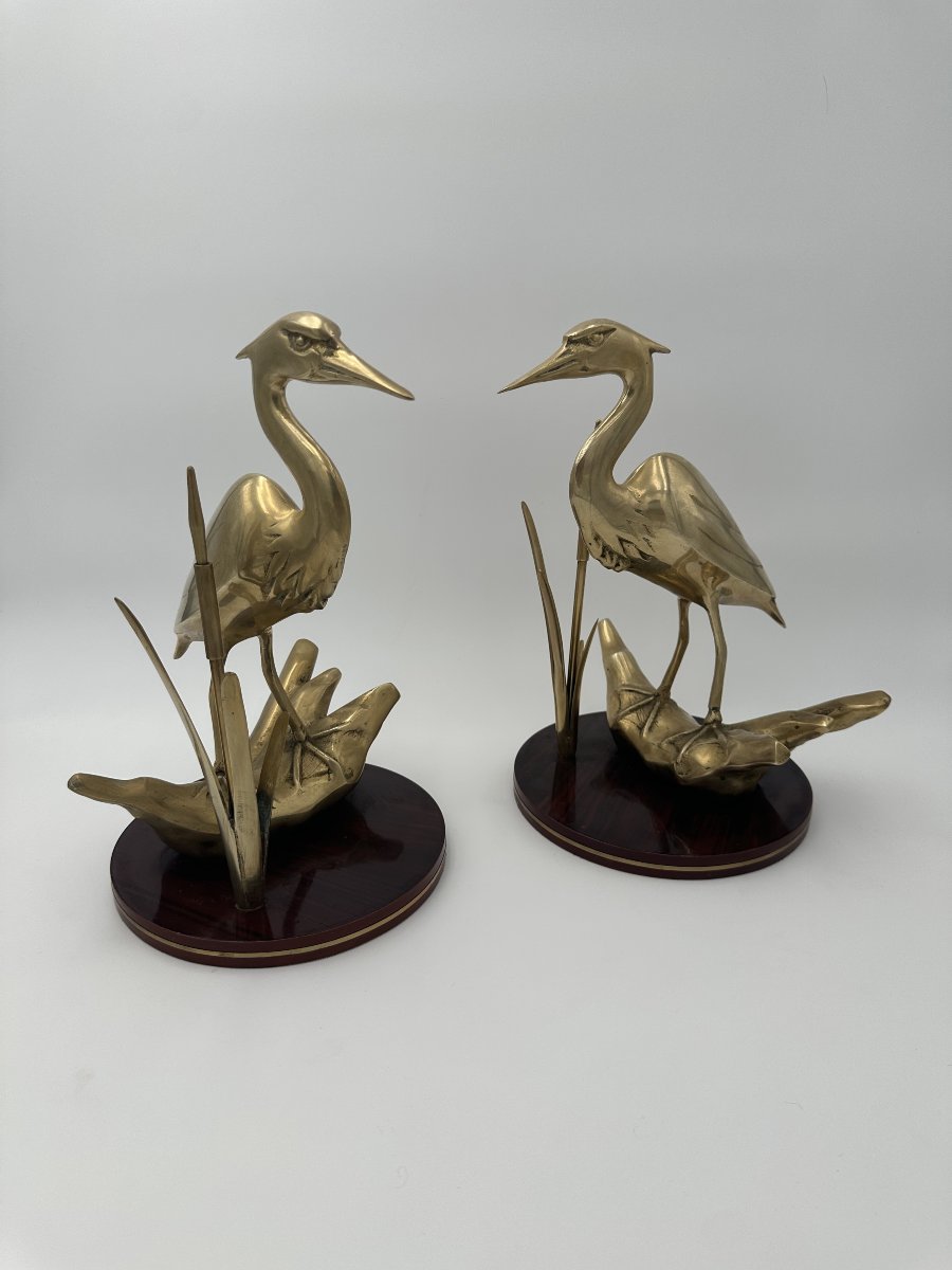 Pair Of Brass Sculptures Depicting Stylized Birds On Wooden Bases-photo-2