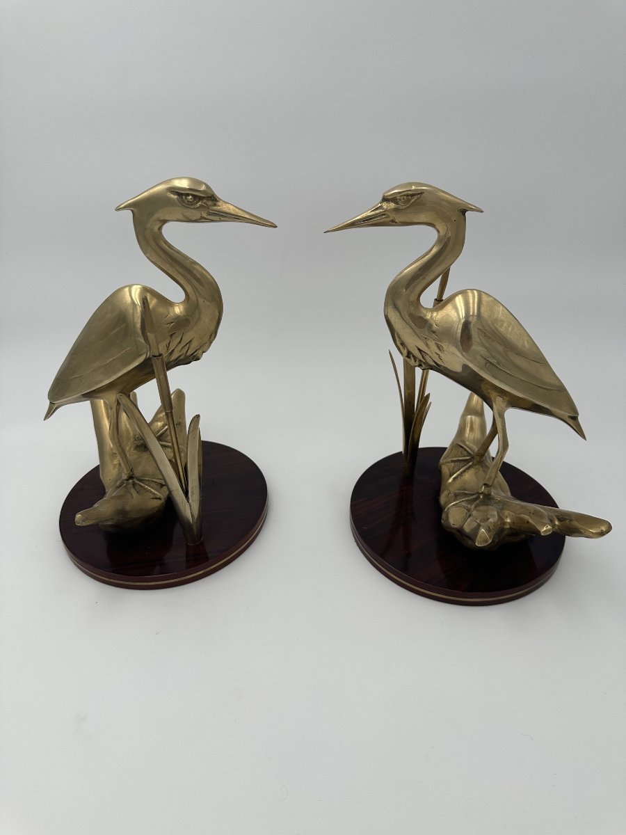 Pair Of Brass Sculptures Depicting Stylized Birds On Wooden Bases-photo-3
