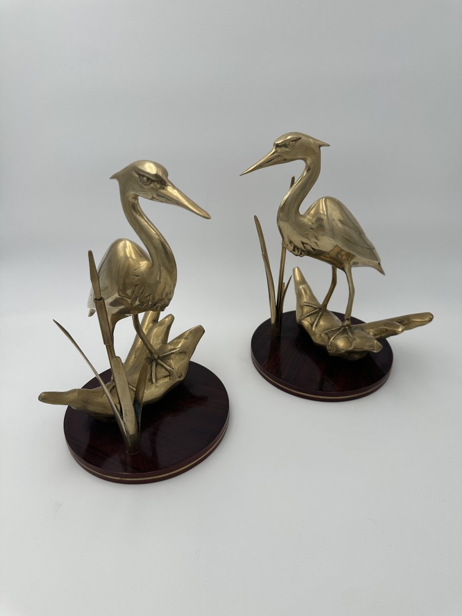 Pair Of Brass Sculptures Depicting Stylized Birds On Wooden Bases-photo-4