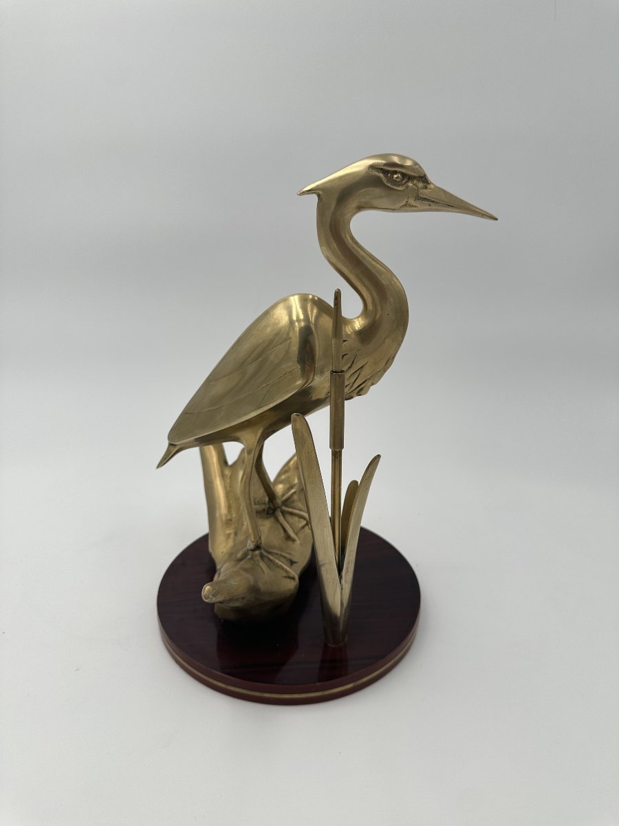 Pair Of Brass Sculptures Depicting Stylized Birds On Wooden Bases-photo-1