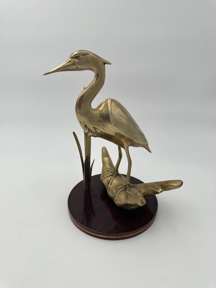 Pair Of Brass Sculptures Depicting Stylized Birds On Wooden Bases-photo-2