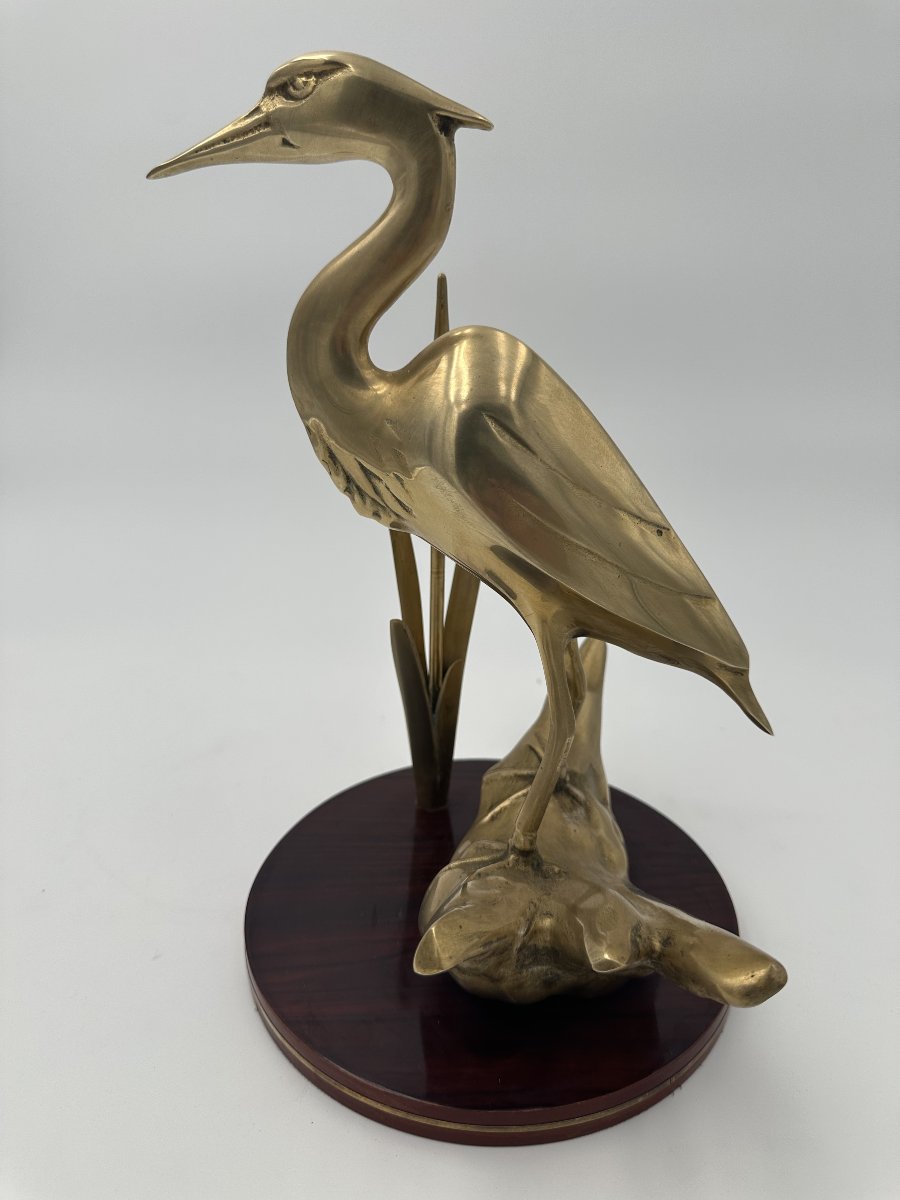 Pair Of Brass Sculptures Depicting Stylized Birds On Wooden Bases-photo-3