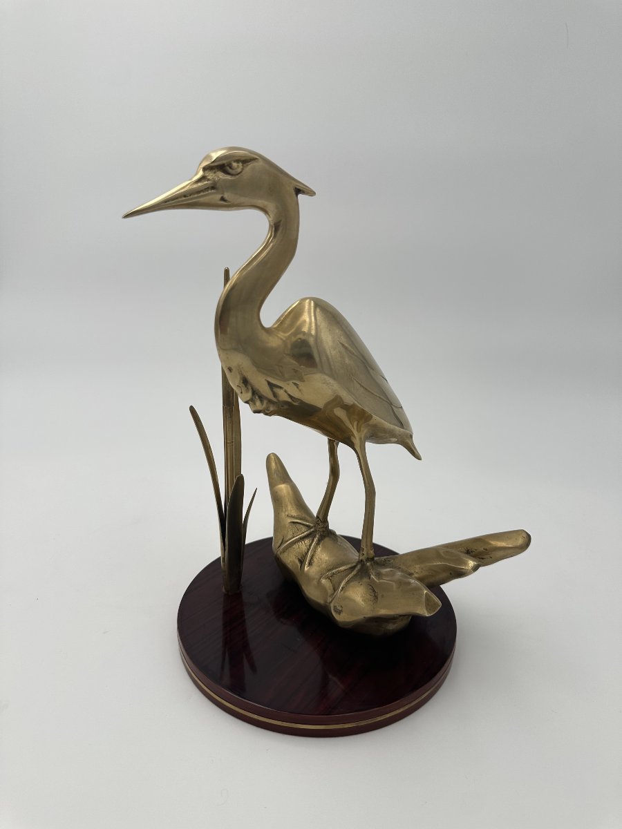 Pair Of Brass Sculptures Depicting Stylized Birds On Wooden Bases-photo-4