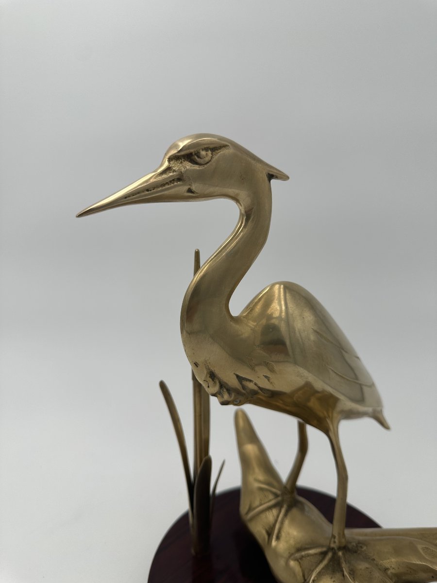 Pair Of Brass Sculptures Depicting Stylized Birds On Wooden Bases-photo-5