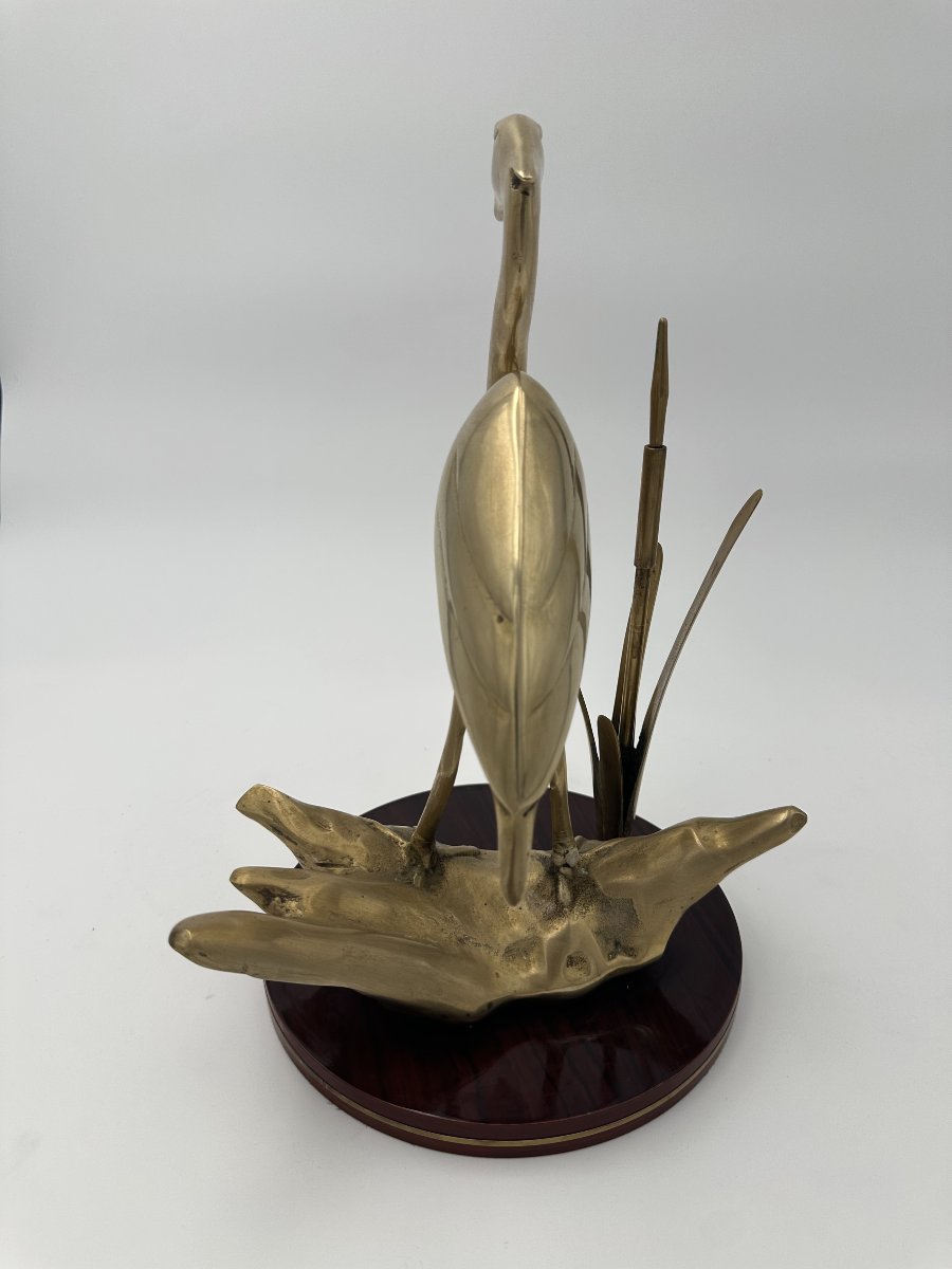 Pair Of Brass Sculptures Depicting Stylized Birds On Wooden Bases-photo-6