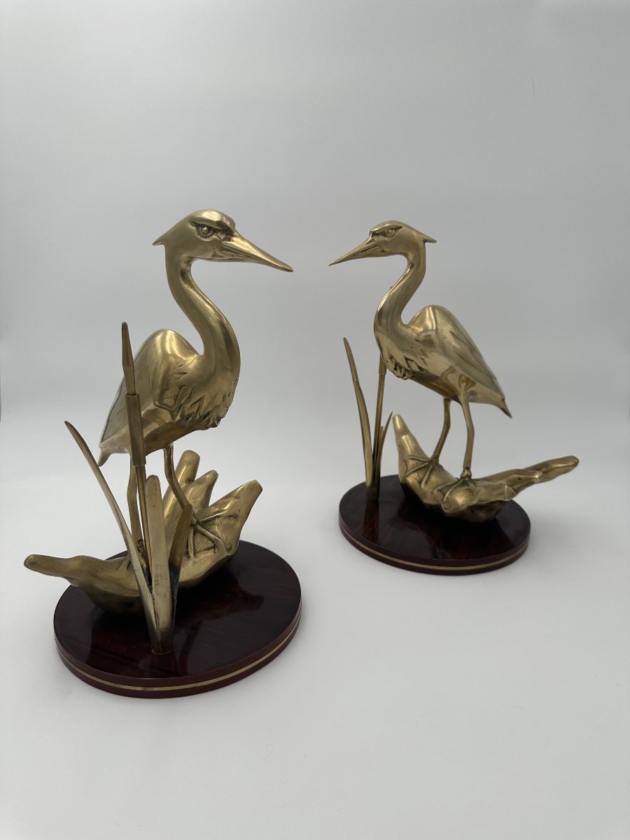 Pair Of Brass Sculptures Depicting Stylized Birds On Wooden Bases-photo-7