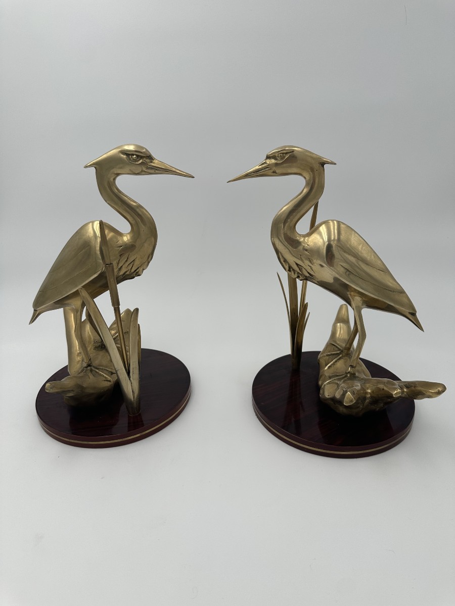 Pair Of Brass Sculptures Depicting Stylized Birds On Wooden Bases