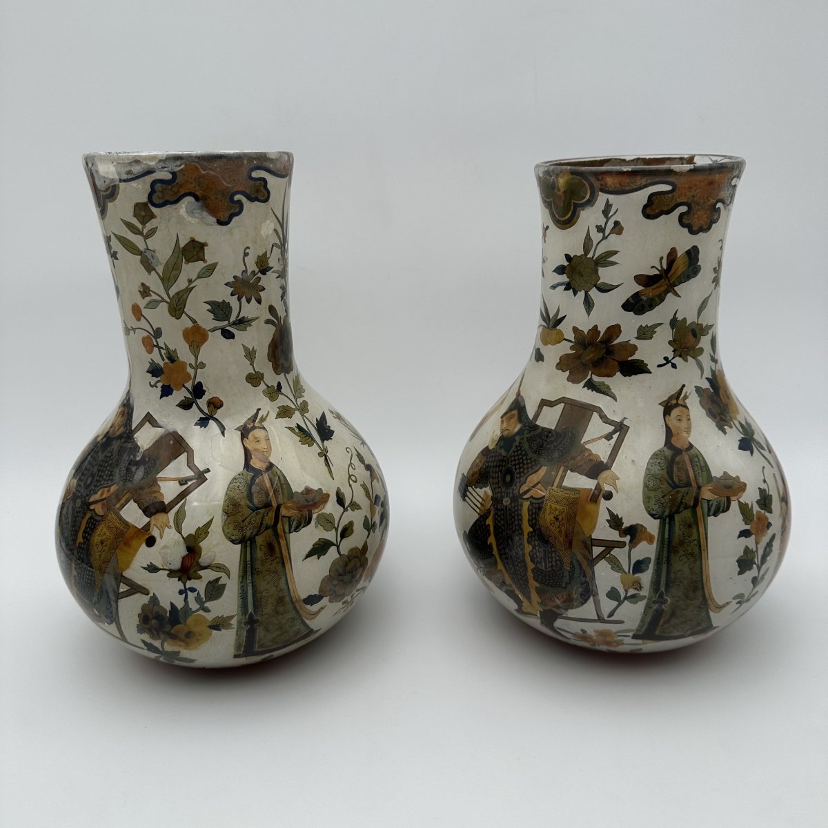 Rare Pair Of "arte Povera" Glass Vases With Chinoiserie Decor, Piedmont, 18th Century.-photo-2
