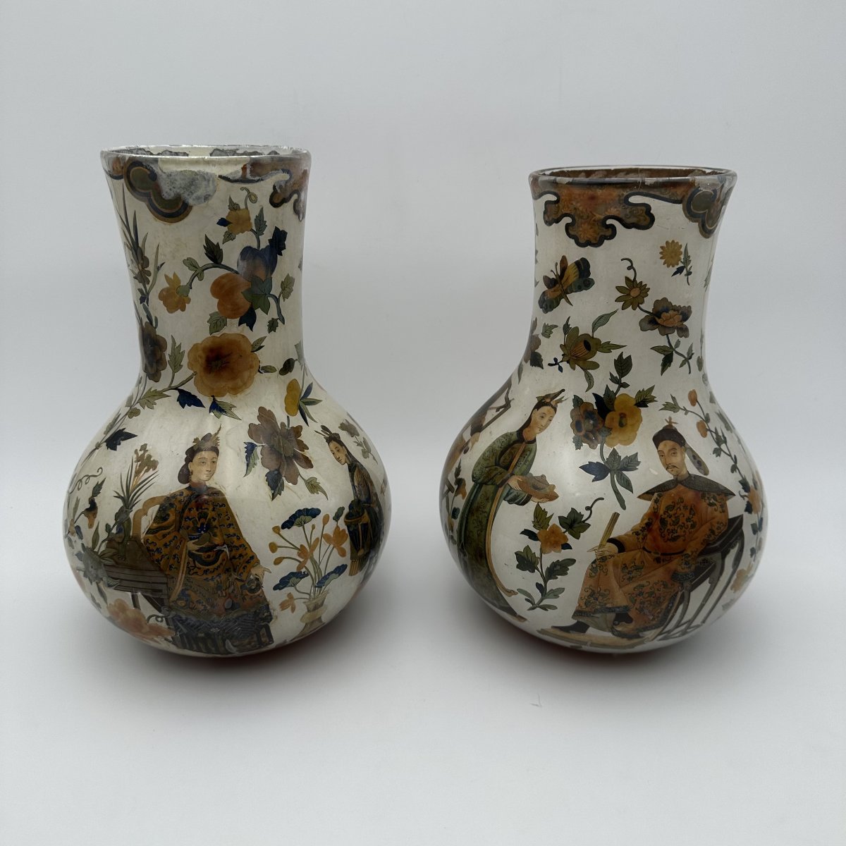 Rare Pair Of "arte Povera" Glass Vases With Chinoiserie Decor, Piedmont, 18th Century.-photo-3