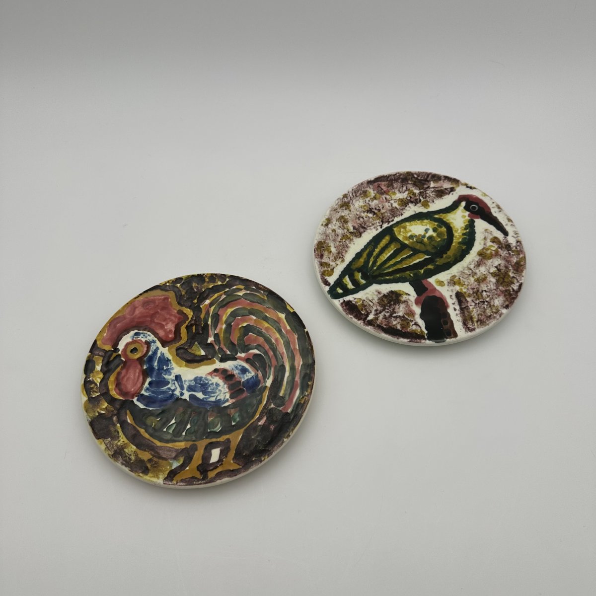 Pair Of Small Ceramic Plates, Bird Decor In The Style Of Roger Capron, 1950s-1960s.-photo-1