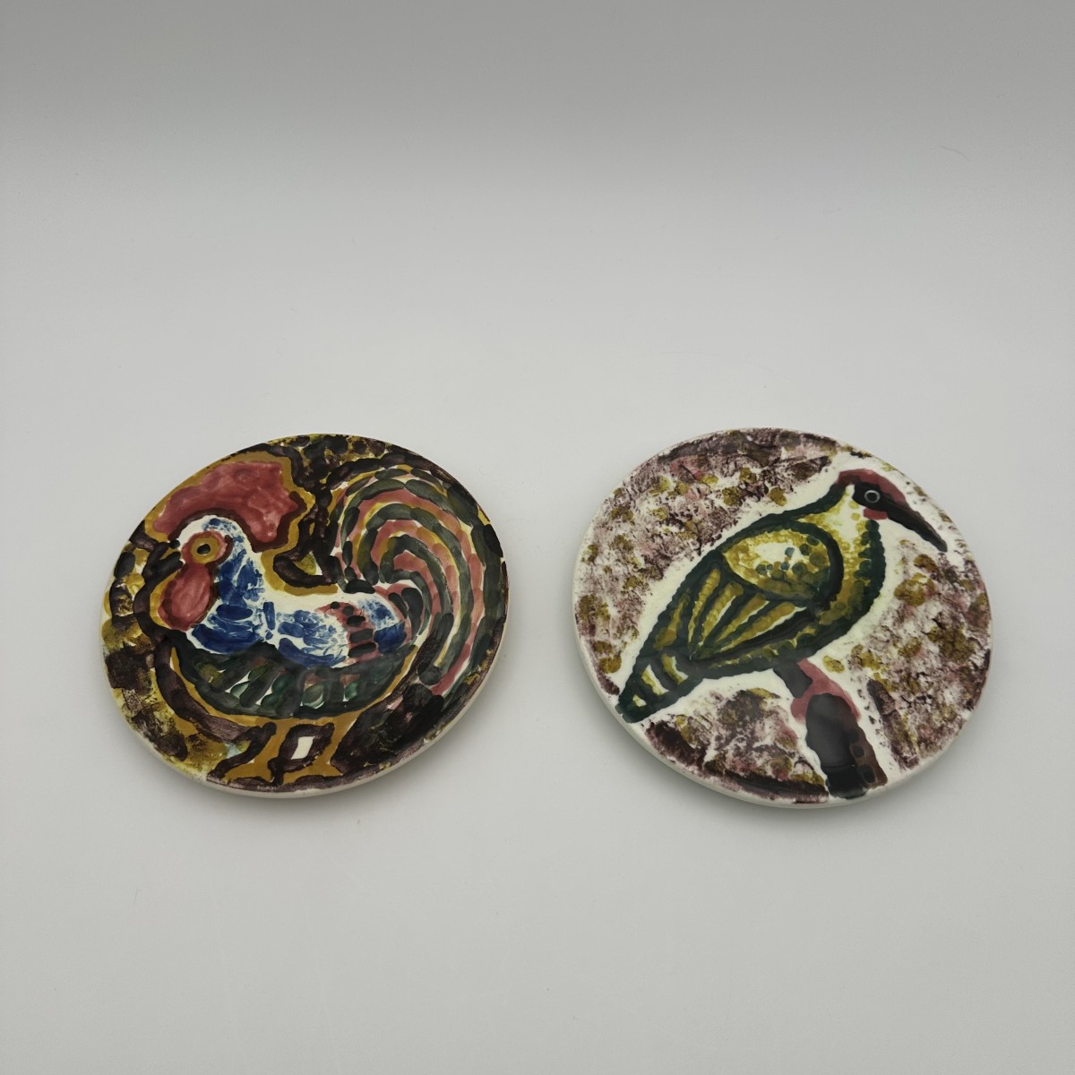 Pair Of Small Ceramic Plates, Bird Decor In The Style Of Roger Capron, 1950s-1960s.