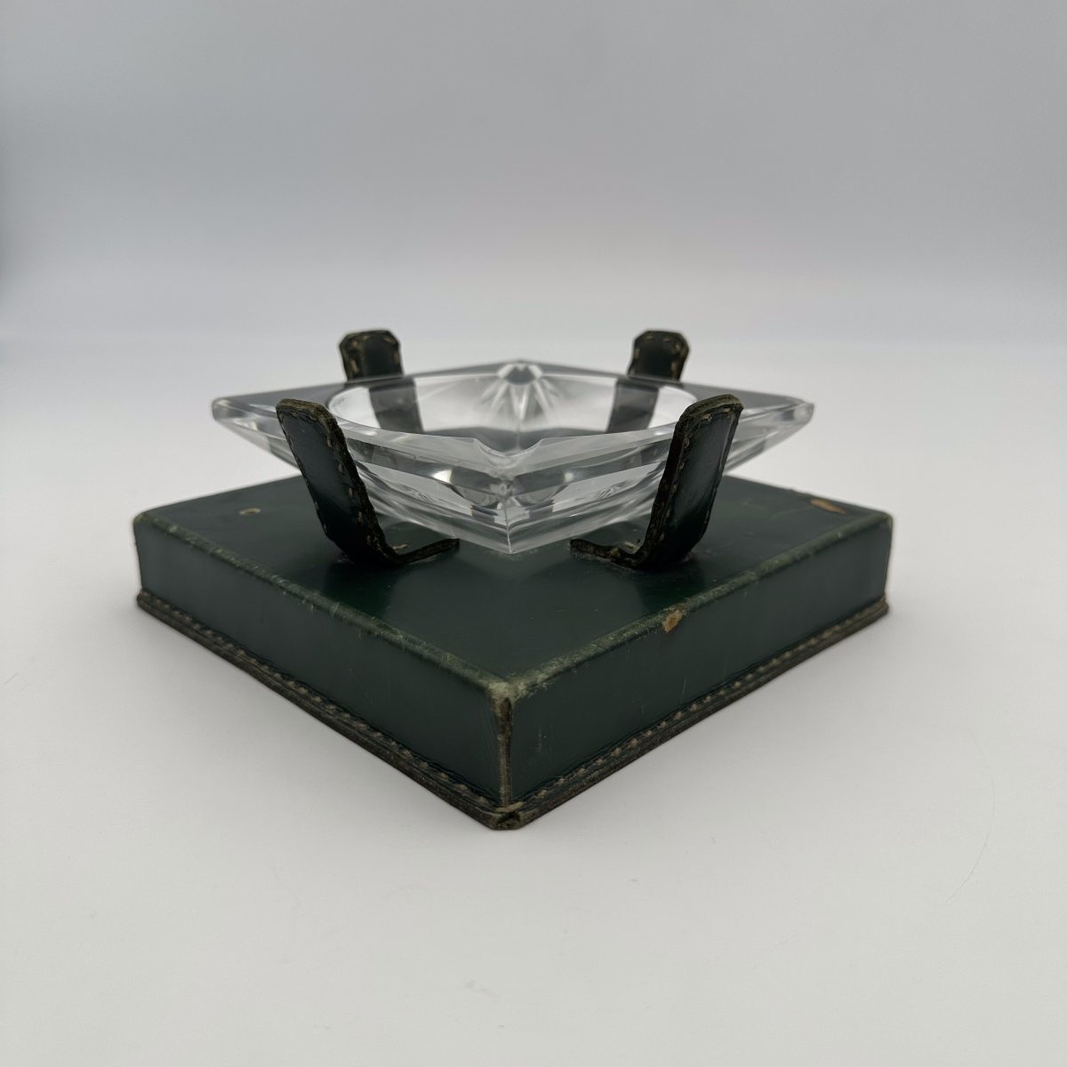 Cendrier en Cristal et Cuir Vert dans le Goût de Jacques Adnet, Années 1950.-photo-2