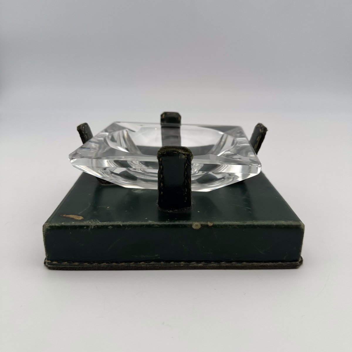 Cendrier en Cristal et Cuir Vert dans le Goût de Jacques Adnet, Années 1950.-photo-3