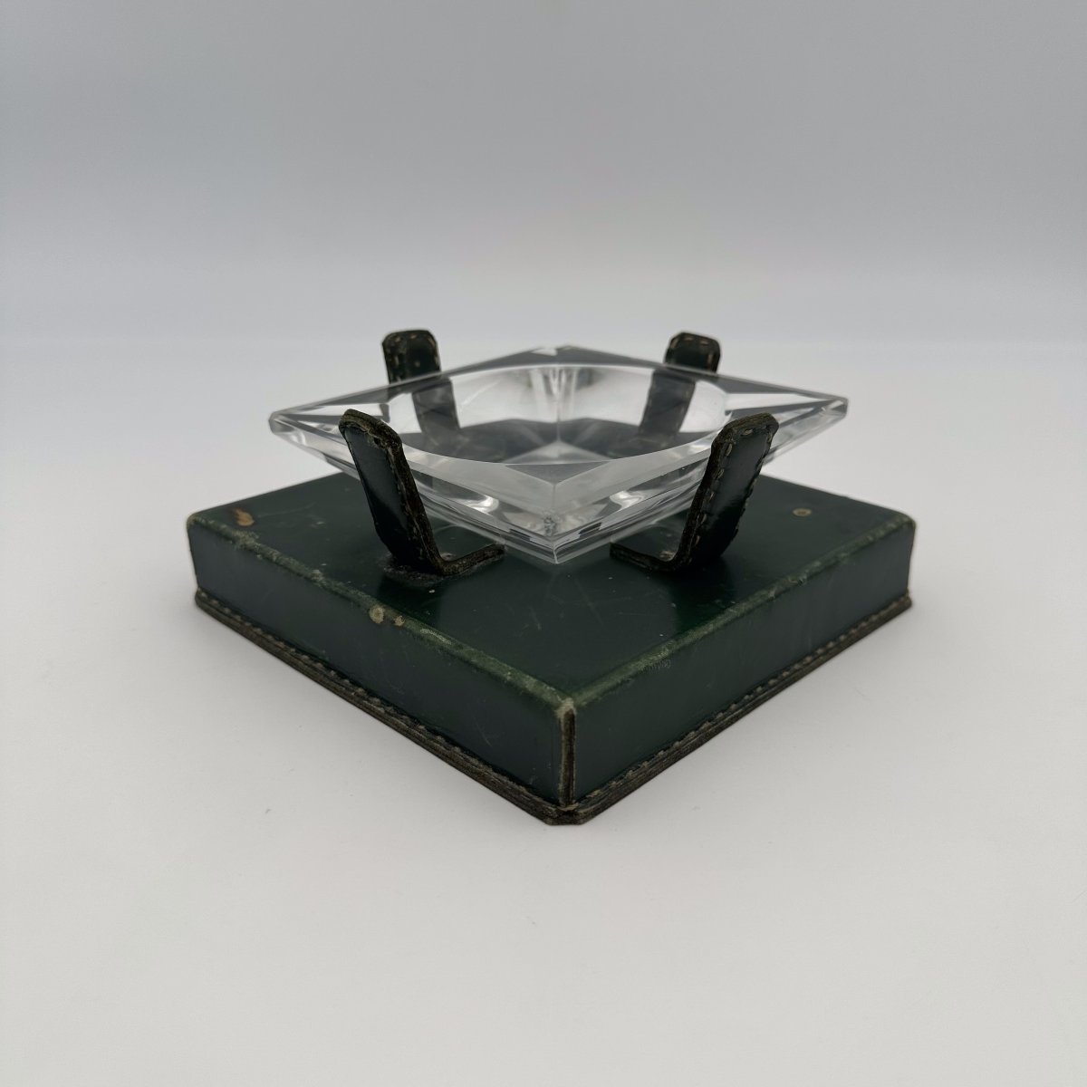 Cendrier en Cristal et Cuir Vert dans le Goût de Jacques Adnet, Années 1950.-photo-4