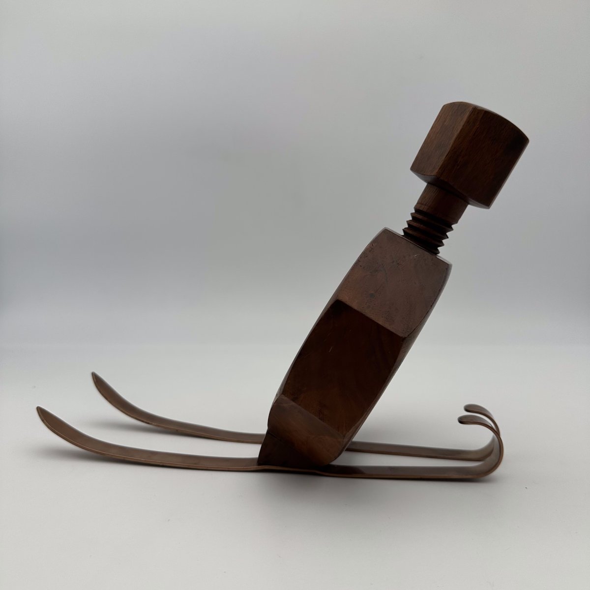 Sculptural Trompe-l'œil Solid Wood "nut On Skis" Bottle Holder, 1970s.-photo-1