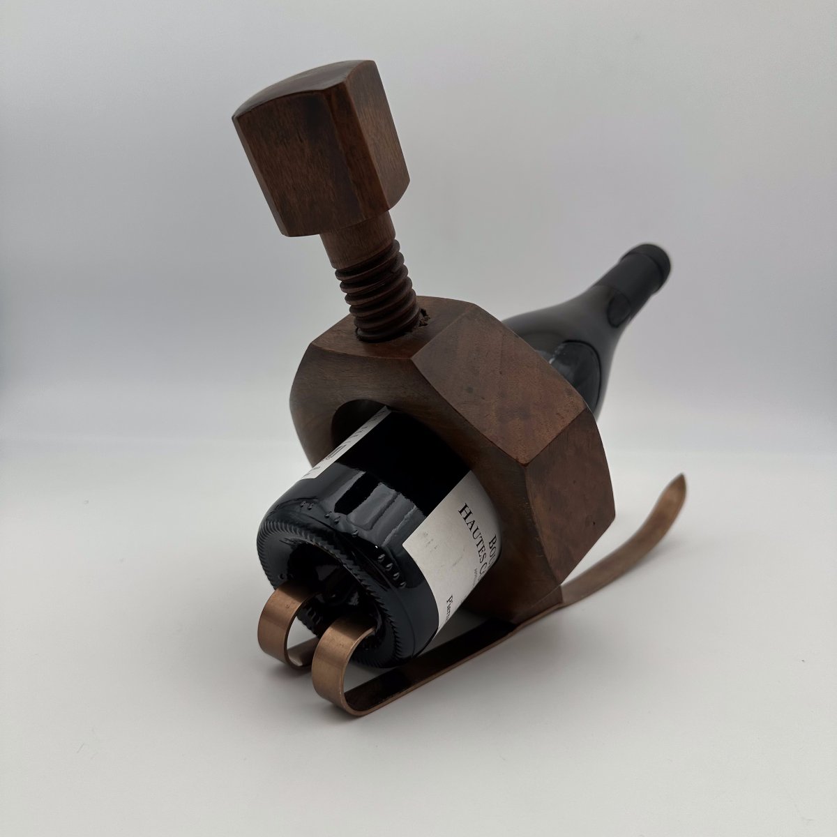Sculptural Trompe-l'œil Solid Wood "nut On Skis" Bottle Holder, 1970s.-photo-5