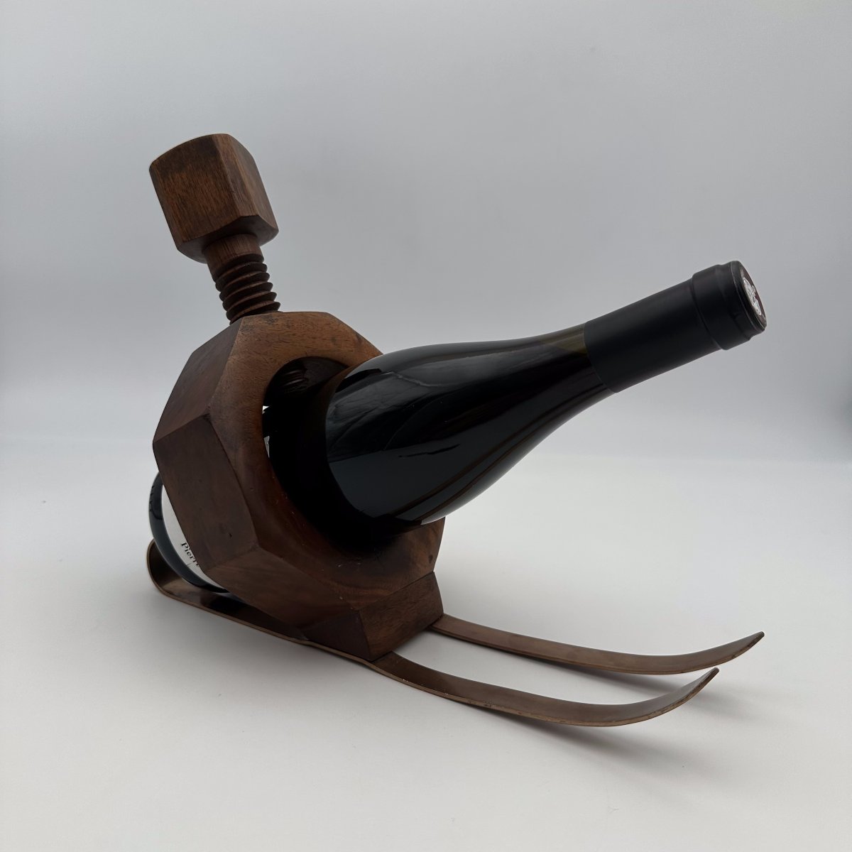 Sculptural Trompe-l'œil Solid Wood "nut On Skis" Bottle Holder, 1970s.-photo-6