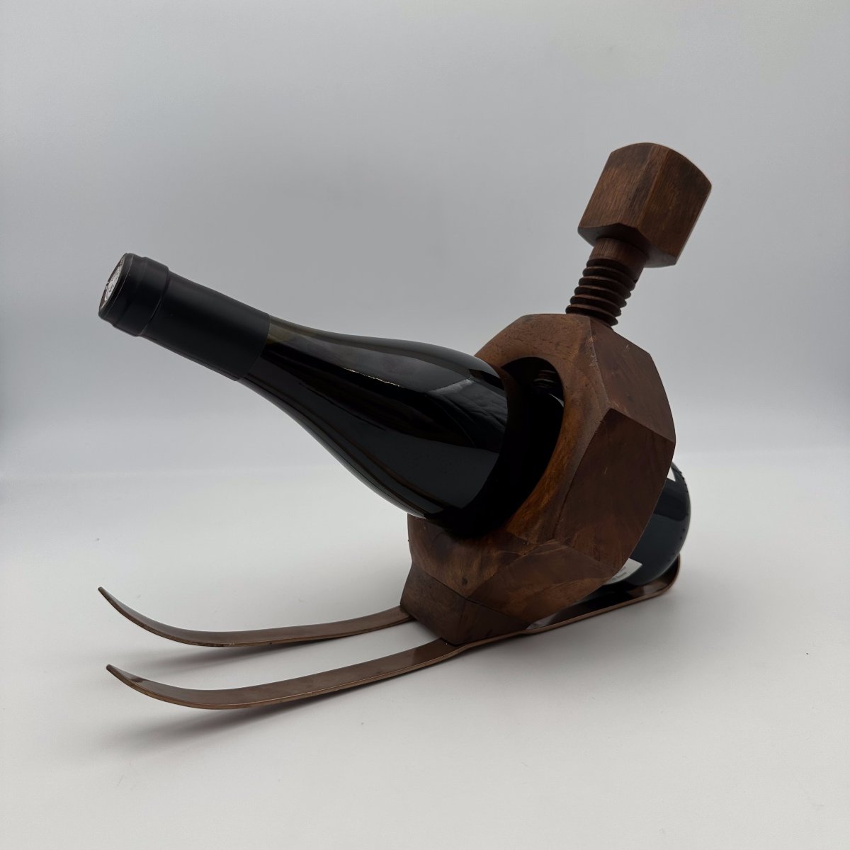 Sculptural Trompe-l'œil Solid Wood "nut On Skis" Bottle Holder, 1970s.-photo-7