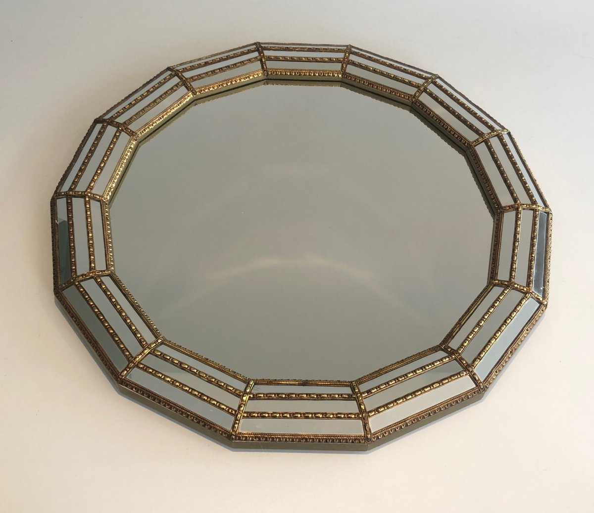 Octagonal Multi-faceted Wall Mirror With Brass Garlands, Circa 1970-photo-2