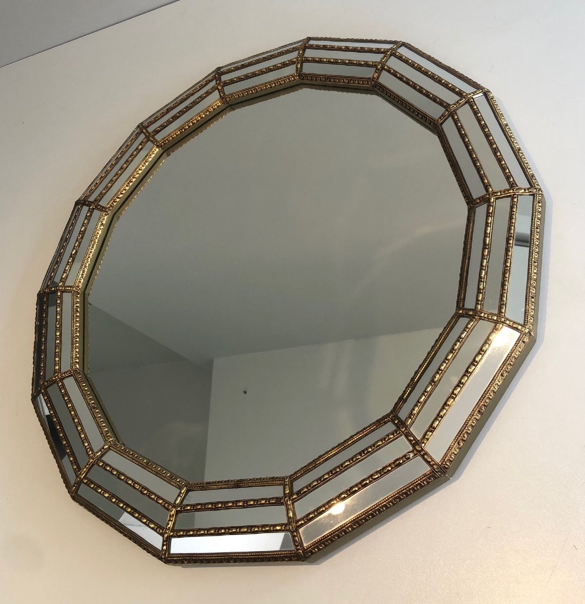 Octagonal Multi-faceted Wall Mirror With Brass Garlands, Circa 1970-photo-5