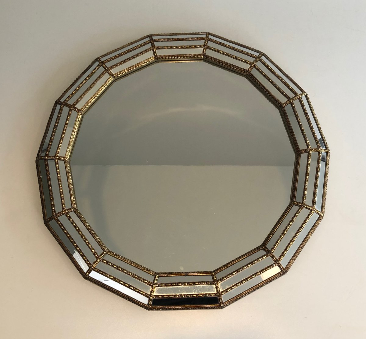 Octagonal Multi-faceted Wall Mirror With Brass Garlands, Circa 1970-photo-7