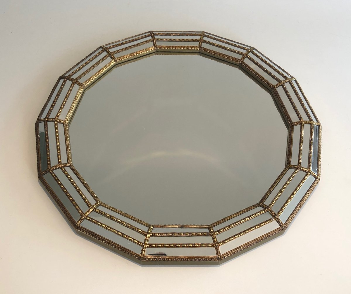 Octagonal Multi-faceted Wall Mirror With Brass Garlands, Circa 1970-photo-8