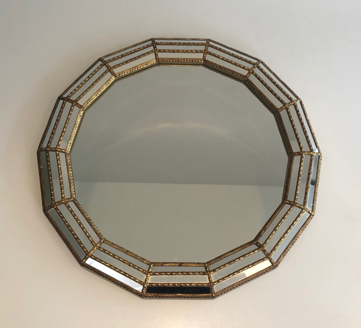 Octagonal Multi-faceted Wall Mirror With Brass Garlands, Circa 1970