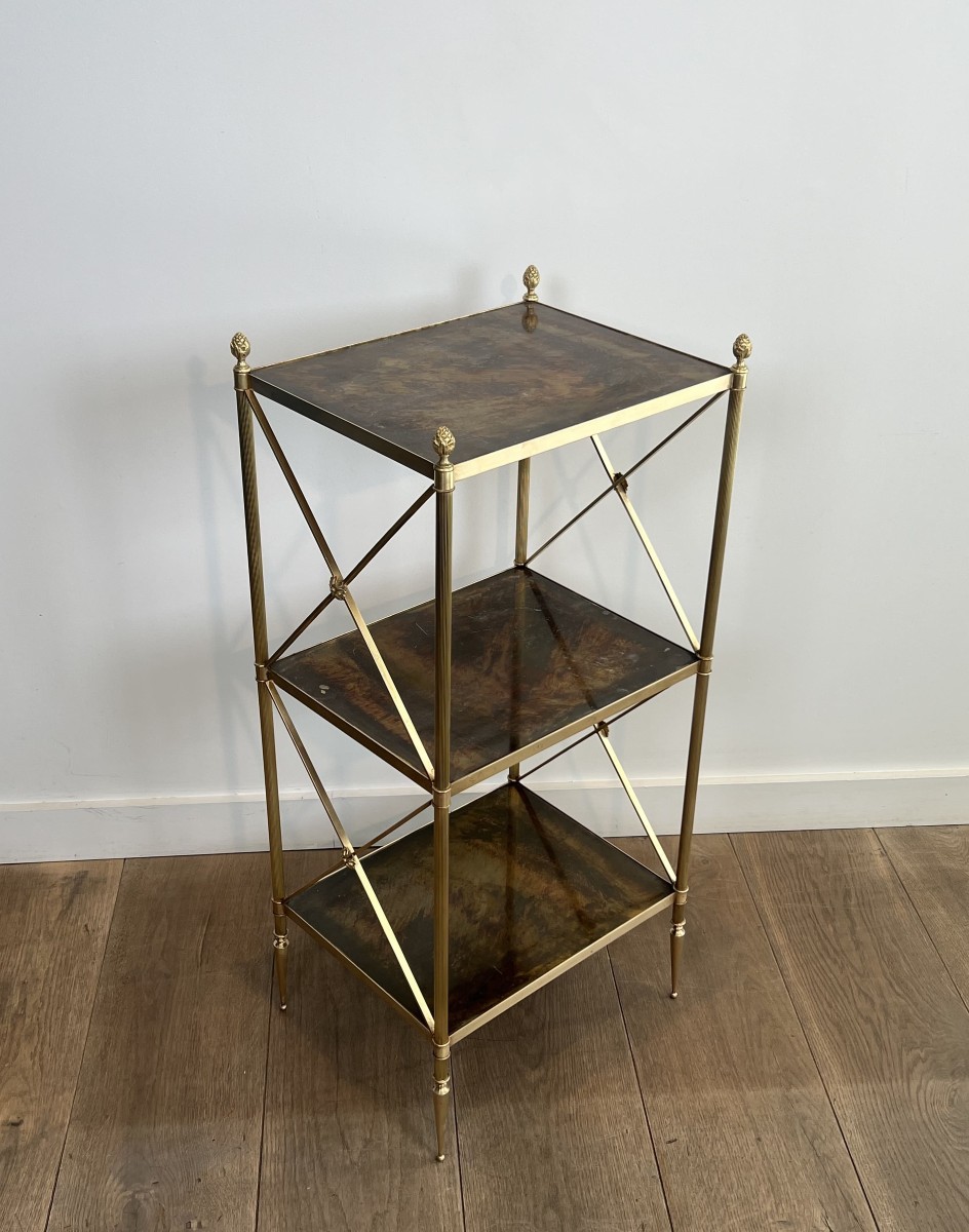 Bout de Canapé à Trois Plateaux en Laiton et Verre Oxydé, Attribué à la Maison Jansen, Années 1
