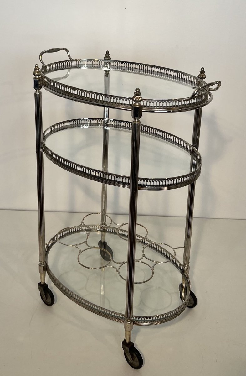 Silver-plated Three-tier Oval Bar Cart, Attributed To Maison Jansen, 1940s-photo-2
