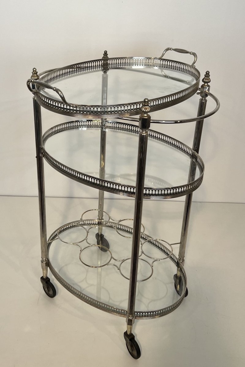 Silver-plated Three-tier Oval Bar Cart, Attributed To Maison Jansen, 1940s-photo-4