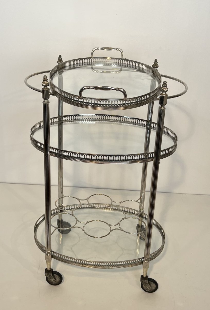 Silver-plated Three-tier Oval Bar Cart, Attributed To Maison Jansen, 1940s-photo-1