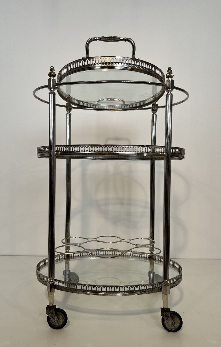 Silver-plated Three-tier Oval Bar Cart, Attributed To Maison Jansen, 1940s-photo-3