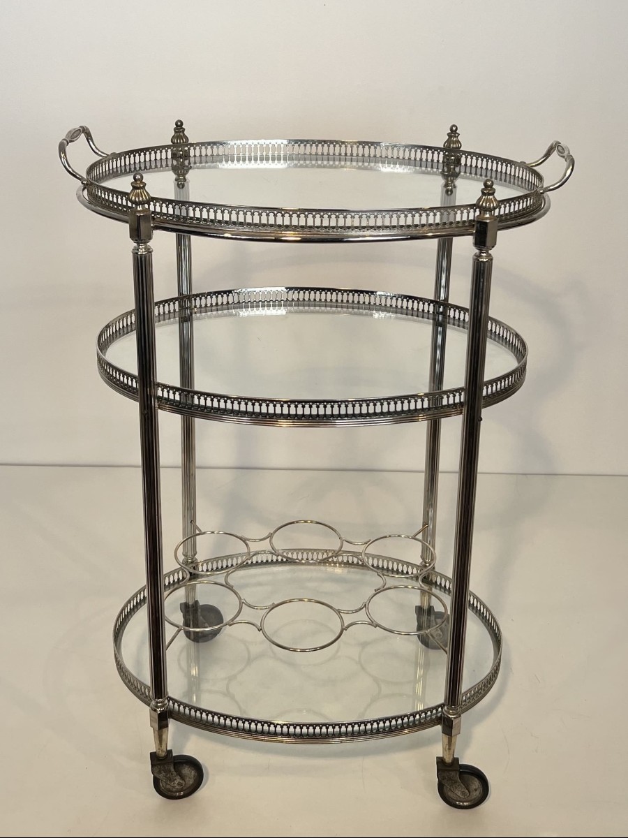 Silver-plated Three-tier Oval Bar Cart, Attributed To Maison Jansen, 1940s