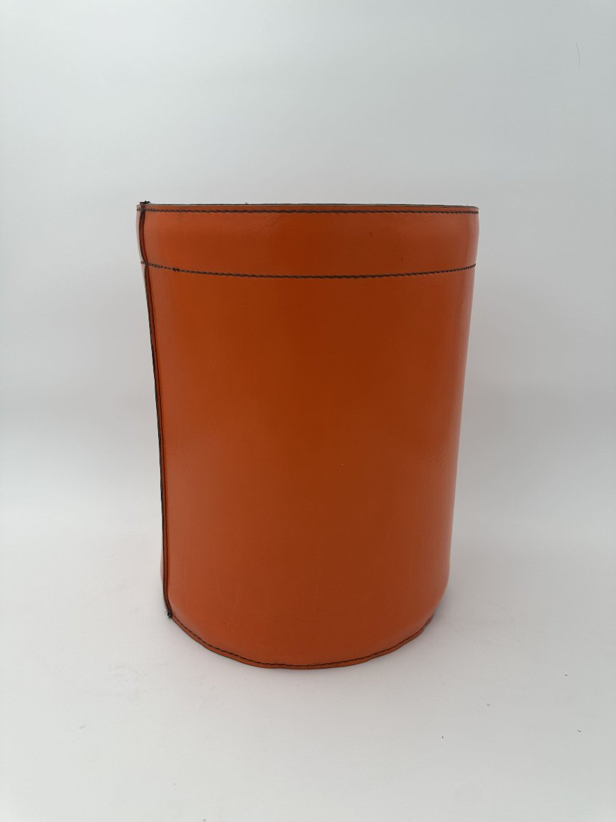 Equestrian-style Orange Leather Wastepaper Basket, In The Taste Of Hermès, 1970s-1980s.-photo-2