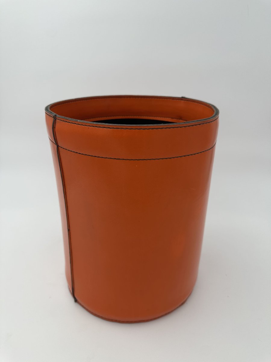 Equestrian-style Orange Leather Wastepaper Basket, In The Taste Of Hermès, 1970s-1980s.-photo-3