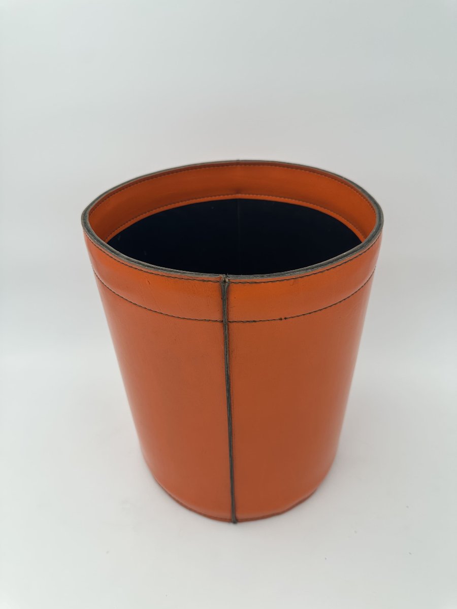 Equestrian-style Orange Leather Wastepaper Basket, In The Taste Of Hermès, 1970s-1980s.-photo-4