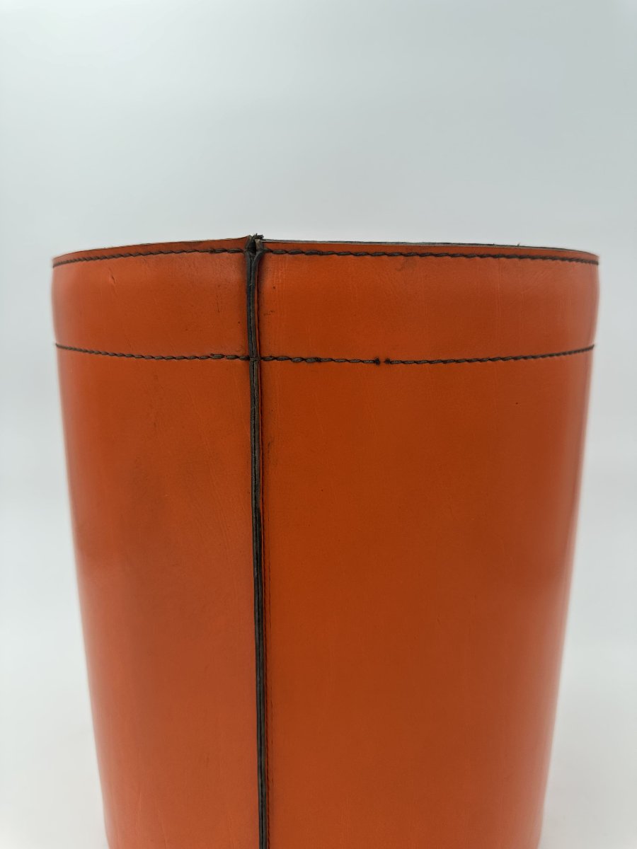 Equestrian-style Orange Leather Wastepaper Basket, In The Taste Of Hermès, 1970s-1980s.-photo-3