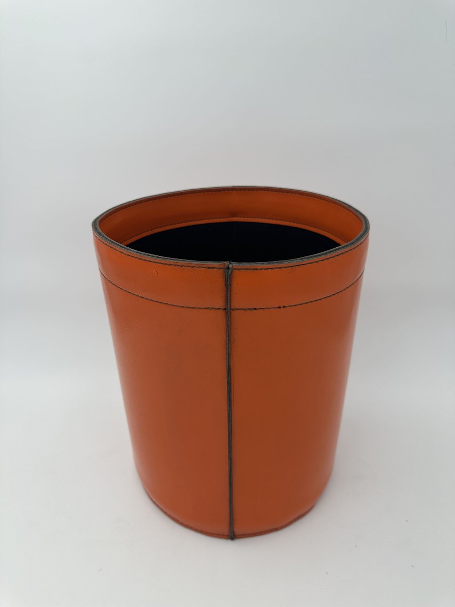 Equestrian-style Orange Leather Wastepaper Basket, In The Taste Of Hermès, 1970s-1980s.-photo-7