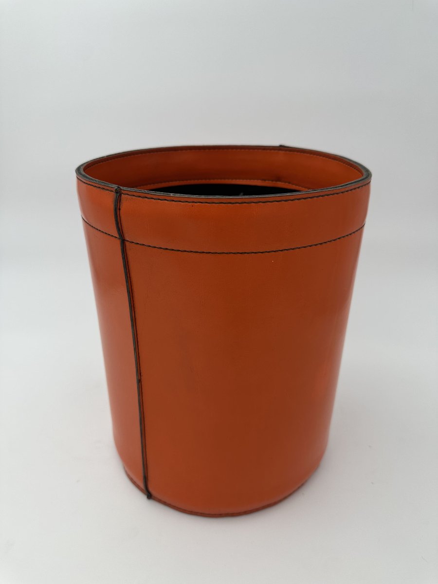 Equestrian-style Orange Leather Wastepaper Basket, In The Taste Of Hermès, 1970s-1980s.-photo-8