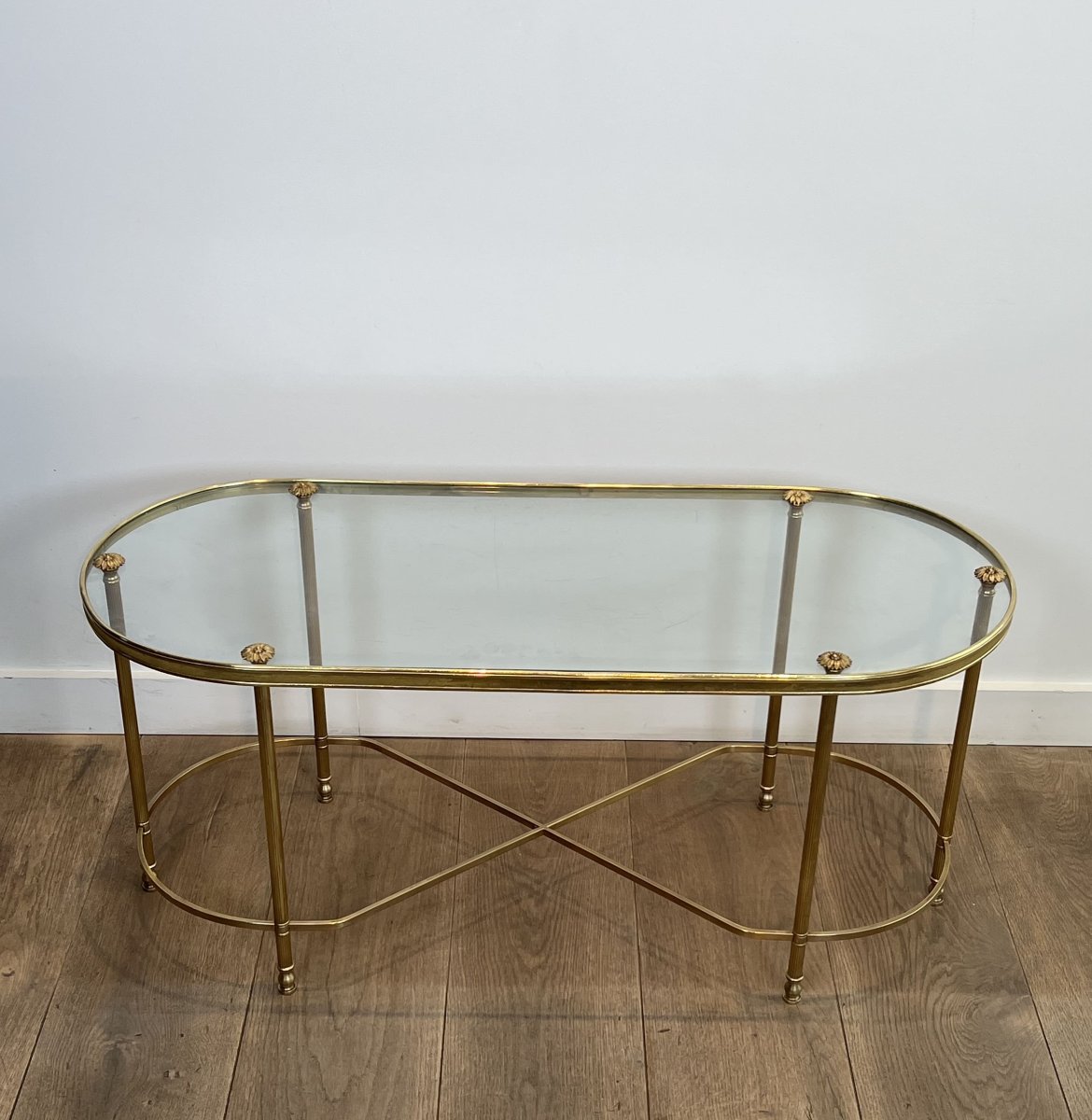 Table Basse Oblongue en Laiton et Verre, de  Maison Baguès, Années 1960.-photo-1