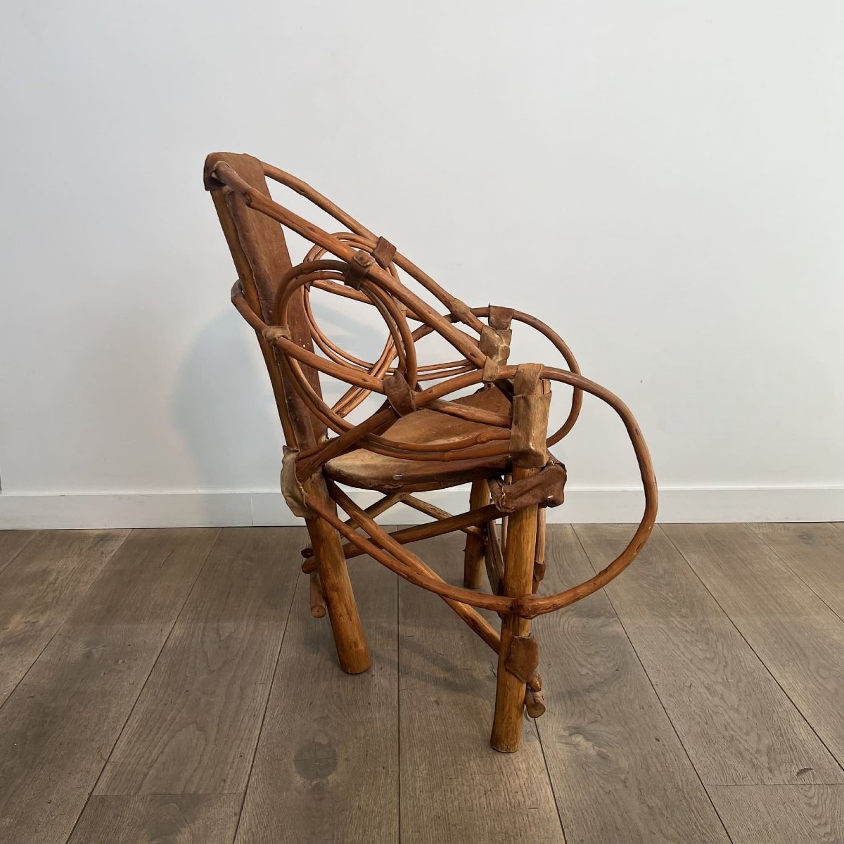 Organic Modernist Armchair In Rattan And Cowhide, Italian Work,1960s-photo-3