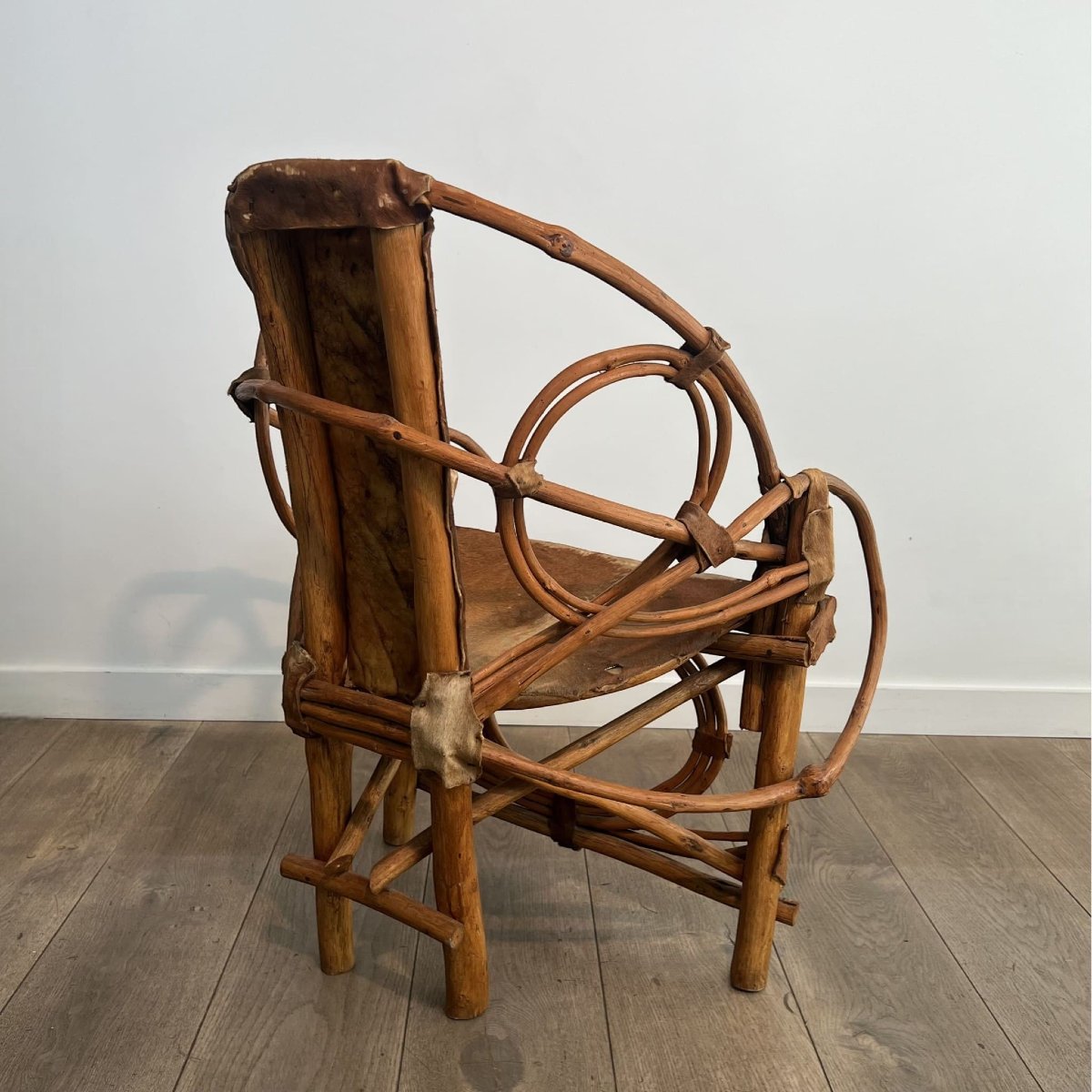 Organic Modernist Armchair In Rattan And Cowhide, Italian Work,1960s-photo-4